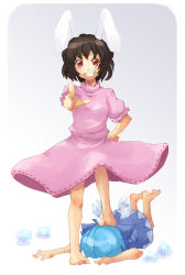 Rule 34 | 2girls, animal ears, bad id, bad pixiv id, barefoot, rabbit ears, cirno, faceplant, feet, female focus, foot on head, grin, inaba tewi, multiple girls, ofuro mantarou, pointing, smile, touhou, trample, wings