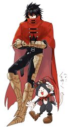 Rule 34 | 1boy, armored boots, az (pixiv 108058292), belt, belt buckle, black hair, black pants, boots, brown footwear, buckle, cait sith (final fantasy), cape, cat, cloak, closed eyes, commentary request, crossed arms, crown, final fantasy, final fantasy vii, final fantasy vii rebirth, final fantasy vii remake, full body, gauntlets, gloves, hair between eyes, headband, highres, long hair, looking at another, male focus, mini crown, multiple belts, one eye closed, pants, red cape, red cloak, red headband, simple background, single gauntlet, spiked gauntlets, spiked hair, thigh strap, torn cape, torn clothes, vincent valentine, white background, white gloves