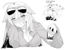 Rule 34 | 1girl, ahoge, alcohol, asimo (hakurei10201), aviator sunglasses, blonde hair, blush, breast rest, breasts, breasts on table, cleavage, closed mouth, cup, drink, drinking glass, drunk, elbow rest, eyewear on head, girls&#039; frontline, glass, hair flaps, hair over shoulder, head rest, highres, holding, holding cup, ice, ice cube, large breasts, long hair, looking at viewer, m1918 (girls&#039; frontline), messy hair, monochrome, nervous, solo, sunglasses, sweat, sweatdrop, table, tinted eyewear, translation request, very long hair, whiskey