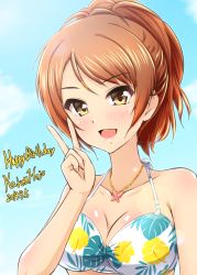 Rule 34 | 1girl, bikini, blue sky, breasts, brown eyes, brown hair, cleavage, commentary request, dated, day, diesel-turbo, english text, floral print, halterneck, happy birthday, hojo karen, idolmaster, idolmaster cinderella girls, jewelry, long hair, looking at viewer, necklace, open mouth, outdoors, partial commentary, print bikini, short hair, short ponytail, sky, smile, solo, swimsuit, upper body, v, white bikini