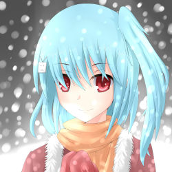 Rule 34 | 1girl, bad id, bad pixiv id, bili girl, bili girl 33, bilibili, blue hair, cold, gosledging, hair ornament, highres, mittens, personification, red eyes, scarf, side ponytail, snow, snowing, solo, upper body
