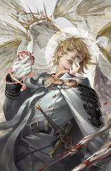Rule 34 | 1boy, absurdres, angel, angel wings, armor, belt, blonde hair, blood, blue eyes, cape, crown, gloves, halo, hand on another&#039;s cheek, hand on another&#039;s face, hand on another&#039;s hand, highres, holding, hyakuya mikaela, long sleeves, looking at viewer, looking down, male focus, multiple wings, owari no seraph, parted lips, pauldrons, short hair, shoulder armor, solo focus, sword, thorns, upper body, weapon, white cape, white gloves, wings, xinillus