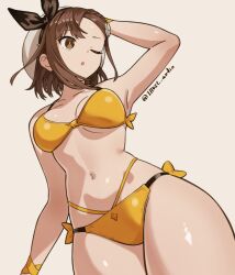 Rule 34 | 1girl, :o, arms up, atelier (series), atelier ryza, atelier ryza 2, bikini, bow, breasts, brown eyes, brown hair, commentary request, hair bow, hat, highres, illust audio, looking to the side, medium breasts, navel, one eye closed, reisalin stout, short hair, solo, swimsuit, yellow bikini
