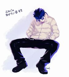 Rule 34 | 1boy, black footwear, black pants, blue hair, closed eyes, coat, cu chulainn (fate), fate (series), hal (haaaalhal), highres, invisible chair, long hair, male focus, pants, ponytail, signature, silver earrings, simple background, sitting, sleeping, sleeping upright, solo, translation request, white background, white coat