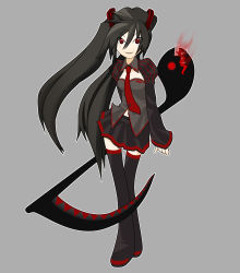 Rule 34 | artist request, black hair, detached sleeves, headphones, highres, long hair, musical note, necktie, red eyes, scythe, smile, solo, thighhighs, twintails, very long hair, vocaloid, zatsune miku