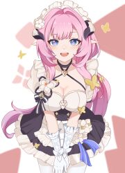 Rule 34 | 1girl, :d, alternate costume, apron, blue eyes, breasts, cleavage, dress, elf, elysia (honkai impact), elysia (miss pink elf) (honkai impact), enmaided, flower, frilled dress, frills, gloves, hair ornament, highres, honkai (series), honkai impact 3rd, large breasts, long hair, looking at viewer, maid, maid headdress, official alternate costume, open mouth, pink hair, pink pupils, pointy ears, short sleeves, simple background, smile, solo, teeth, v arms, white background, white flower, white gloves, zerosama (sailuojiang)