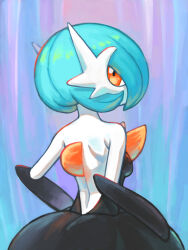Rule 34 | 1girl, absurdres, alternate color, back, back focus, backless dress, backless outfit, bare shoulders, black dress, black gloves, blue background, blue hair, bob cut, breasts, colored skin, creatures (company), dress, elbow gloves, female focus, from behind, game freak, gardevoir, gen 3 pokemon, gloves, highres, looking at viewer, looking back, mega gardevoir, mega pokemon, nintendo, orange eyes, pokemon, pokemon (creature), raid (donghyeok), shiny pokemon, short hair, simple background, small breasts, solo, standing, strapless, strapless dress, upper body, white skin