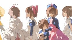 Rule 34 | 6+girls, antenna hair, apron, back bow, blue capelet, blue dress, bow, brown hair, capelet, cardcaptor sakura, chaaarity, dress, flower, from side, green eyes, hair bow, hair flower, hair ornament, holding, holding stuffed toy, kinomoto sakura, looking at viewer, looking to the side, multiple girls, pink bow, pink dress, puffy sleeves, short hair, standing, stuffed animal, stuffed toy, teddy bear, three quarter view, white apron, white bow, white dress