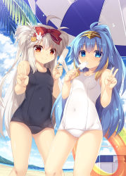 Rule 34 | 2girls, beach, beatmania, beatmania iidx, blonde hair, blue eyes, blue hair, blue one-piece swimsuit, breasts, character request, cloud, cloudy sky, commentary request, cuvelia, day, food, hair between eyes, hair ornament, hair ribbon, headgear, highres, holding, holding food, innertube, long hair, looking at viewer, multicolored hair, multiple girls, ocean, one-piece swimsuit, orange eyes, outdoors, palm leaf, parasol, popsicle, ribbon, roshin, school swimsuit, sidelocks, sky, small breasts, smile, swim ring, swimsuit, two-tone hair, umbrella, v, very long hair, white hair, white one-piece swimsuit
