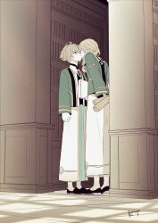 Rule 34 | 2boys, ahoge, alhaitham (genshin impact), arms behind back, artist name, black footwear, blonde hair, bookshelf, braid, braided ponytail, closed eyes, commentary request, genshin impact, gold trim, green eyes, green jacket, grey hair, hair over shoulder, highres, holding, holding scroll, indoors, jacket, kaveh (genshin impact), kiss, ktakbl0, library, long hair, long sleeves, male focus, multiple boys, open clothes, open jacket, parted bangs, robe, scroll, shoes, short hair, sidelocks, standing, surprise kiss, surprised, swept bangs, white robe, wide-eyed, yaoi