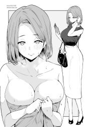 Rule 34 | 1girl, artist name, breasts, cellphone, cleavage, closed mouth, commentary request, dated, full body, greyscale, highres, holding, holding phone, kichihachi, large breasts, looking at viewer, monochrome, naked towel, original, phone, shirt, short hair, skirt, sleeveless, sleeveless shirt, standing, towel, two-tone background, wet