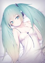 Rule 34 | 1girl, aqua eyes, aqua hair, aqua nails, bad id, bad pixiv id, bed, blurry, collarbone, commentary, depth of field, dress, expressionless, giryu, hair ornament, half-closed eyes, hand on own chest, hand up, hatsune miku, headphones, last night good night (vocaloid), long hair, looking at viewer, lying, nail polish, on back, parted lips, sleepwear, solo, spaghetti strap, twintails, upper body, very long hair, vocaloid