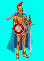 Rule 34 | 1girl, alternate costume, armor, artist name, blue background, bubblu, cape, commentary, english commentary, female focus, full body, gladiator, gold armor, gold helmet, helmet, highres, holding, holding shield, holding sword, holding weapon, legs apart, looking at viewer, one piece, pink hair, ponytail, rebecca (one piece), shield, sidelocks, simple background, solo, sparkle, standing, sword, weapon