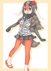 Rule 34 | 10s, 1girl, black hair, blush, feathered wings, gloves, hair between eyes, highres, kemono friends, long hair, multicolored hair, okinawa rail (kemono friends), open mouth, red eyes, red hair, sandals, solo, tatsuno newo, white hair, wings