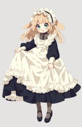 Rule 34 | 1girl, :o, animal ears, apron, black dress, black footwear, black hairband, blush, brown pantyhose, commentary request, dress, frilled apron, frilled hairband, frills, green eyes, grey background, hairband, highres, light brown hair, long hair, long sleeves, looking at viewer, maid, maid apron, mamyouda, open mouth, original, pantyhose, puffy long sleeves, puffy sleeves, rabbit ears, shoes, short eyebrows, signature, simple background, skirt hold, solo, thick eyebrows, white apron