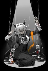 Rule 34 | 1girl, alina (arknights), antlers, arknights, ascot, black ascot, black background, black dress, blood, blood on arm, character doll, commentary, dragon girl, dragon horns, dress, empty eyes, expressionless, grey hair, hands up, horns, kneeling, litekouter, long sleeves, looking to the side, puppet, puppeteering, short hair, simple background, spotlight, string, talulah (arknights), talulah the fighter (arknights), wavy hair, | |
