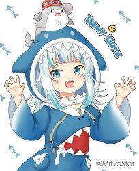 Rule 34 | 1girl, :d, animal hood, bloop (gawr gura), blue eyes, blue hair, blue hoodie, blue nails, character name, claw pose, commentary, drawstring, fish bone, gawr gura, gawr gura (1st costume), hands up, hololive, hololive english, hood, hood up, hoodie, long hair, long sleeves, looking at viewer, mitya, multicolored hair, nail polish, on head, open mouth, shark girl, shark hood, shark print, sharp teeth, simple background, smile, solo, streaked hair, symbol-only commentary, teeth, twitter username, virtual youtuber, white background, white hair, wide sleeves