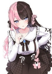 Rule 34 | 1girl, absurdres, argule0901, belt, black belt, black bow, black hair, black nails, black skirt, blouse, blue eyes, bow, breasts, center frills, collar, frilled collar, frilled shirt, frilled skirt, frills, frown, hair bow, hand on own hip, highres, index finger raised, large breasts, leaning forward, long hair, long sleeves, looking at viewer, multicolored hair, open mouth, pink bow, pink hair, pink nails, plaid, plaid skirt, shirt, simple background, skirt, solo, split-color hair, suspender skirt, suspenders, tachibana hinano (vtuber), two-tone hair, v-shaped eyebrows, very long hair, virtual youtuber, vspo!, white background, white shirt