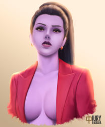 Rule 34 | 1girl, artist name, backlighting, black hair, breasts, brown eyes, business suit, coat, collarbone, colored skin, earrings, eyebrows, eyelashes, eyeshadow, formal, gradient background, iury padilha, jacket, jewelry, large breasts, lipstick, long hair, looking at viewer, makeup, naked coat, no shirt, nose, overwatch, overwatch 1, parted lips, ponytail, purple lips, purple skin, red coat, red suit, solo, stud earrings, suit, suit jacket, tan background, widowmaker (overwatch)