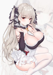 Rule 34 | 1girl, absurdres, azur lane, bare shoulders, between breasts, black nails, blunt bangs, breasts, cleavage, closed mouth, collarbone, detached collar, detached sleeves, ear piercing, formidable (azur lane), frills, from above, from side, full body, grey hair, hair ribbon, hand on own chest, highres, holding, holding quill, large breasts, long hair, looking at viewer, nail polish, necktie, necktie between breasts, no shoes, piercing, quill, red eyes, ribbon, sitting, smile, solo, thighhighs, twintails, twisted torso, very long hair, wariza, white thighhighs, xiao dao jun, zoom layer