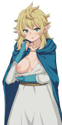 Rule 34 | 1girl, arm under breasts, blonde hair, blue cape, blue eyes, blue gloves, blush, breasts, cape, character request, clothes pull, collarbone, cowboy shot, crying, crying with eyes open, dress, dress pull, dungeon meshi, elbow gloves, elf, embarrassed, eyebrows, eyelashes, female focus, fingerless gloves, fionil (dungeon meshi), gloves, grey dress, hand up, highres, hood, hood down, hooded cape, long hair, long sleeves, looking at viewer, medium breasts, nipples, one breast out, open mouth, pointy ears, pov, pulled by self, scared, shipua (the worst night ever), simple background, solo, standing, strapless, strapless dress, tears, wavy hair, white background