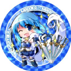 Rule 34 | 10s, 1girl, ;d, armband, blue eyes, blue hair, cape, fortissimo, gloves, hair ornament, hairclip, lowres, magical girl, mahou shoujo madoka magica, mahou shoujo madoka magica (anime), mahou shoujo madoka magica movie 1 &amp; 2, matching hair/eyes, miki sayaka, multiple swords, musical note, musical note hair ornament, one eye closed, open mouth, round image, sample watermark, short hair, smile, solo, sparkle, sword, thighhighs, watermark, weapon, wink, yuuhi alpha, zettai ryouiki