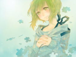 Rule 34 | 1girl, bad id, bad pixiv id, female focus, gradient background, green eyes, green hair, gumi, matching hair/eyes, nemutagari, puzzle, puzzle piece, short hair, smile, solo, tears, vocaloid