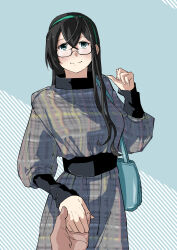Rule 34 | 1girl, 1other, alternate costume, bag, black hair, blue background, commentary request, commission, cowboy shot, dress, glasses, green eyes, green hairband, grey dress, hairband, handbag, highres, holding hands, kantai collection, long hair, looking at viewer, megakura kinshi, ooyodo (kancolle), pixiv commission, plaid, plaid dress, pov, semi-rimless eyewear, under-rim eyewear