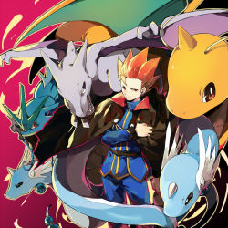 Rule 34 | 1boy, aerodactyl, black cape, blue jacket, blue pants, cape, closed mouth, commentary, creatures (company), dragonair, dragonite, game freak, gen 1 pokemon, gyarados, highres, holding, holding cape, holding clothes, jacket, lance (pokemon), long sleeves, looking to the side, nintendo, noon (noneness), orange eyes, orange hair, pants, pokemon, pokemon (creature), pokemon hgss, spiked hair