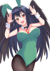 Rule 34 | 1girl, :d, absurdres, animal ears, bird wings, black hair, black pantyhose, black wings, blush, breasts, cleavage, commentary request, contrapposto, cowboy shot, detached collar, fake animal ears, green leotard, highres, large breasts, leotard, long hair, looking at viewer, o1118, open mouth, pantyhose, playboy bunny, rabbit ears, red eyes, reiuji utsuho, simple background, smile, solo, teeth, touhou, upper teeth only, very long hair, white background, wings, wrist cuffs