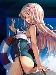 Rule 34 | 1girl, armpits, ass, bad hands, belt, blonde hair, blue eyes, blue sky, blush, breasts, cloud, commentary request, crop top, fang, flower, hair between eyes, hair flower, hair ornament, highres, kantai collection, lifebuoy, long hair, looking at viewer, medium breasts, one-piece swimsuit, one-piece tan, open mouth, ro-500 (kancolle), sailor collar, school swimsuit, school uniform, serafuku, sky, smile, solo, standing, swim ring, swimsuit, swimsuit under clothes, tan, tanline, thighs, torisan, torpedo, wet
