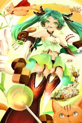 Rule 34 | 1girl, :q, bad id, bad pixiv id, cake, candy, cape, cat, checkerboard cookie, chocolate, cookie, detached sleeves, doughnut, elbow gloves, food, garter straps, gloves, green eyes, green hair, hatsune miku, headset, highres, lollipop, long hair, midriff, navel, spring onion, suspenders, thighhighs, tongue, tongue out, twintails, unzipped, very long hair, vocaloid