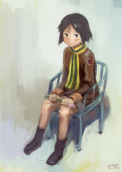 Rule 34 | 10s, 1girl, artist name, bandaid, bandaid on face, black eyes, black hair, bomber jacket, brave witches, chair, dated, faux traditional media, flower, full body, highres, holding, jacket, kanno naoe, kanokoga, leather, leather jacket, scarf, short hair, sitting, solo, strike witches, world witches series