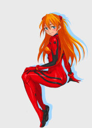 Rule 34 | 1girl, ass, blue eyes, bodysuit, breasts, brown hair, full body, interface headset, kumikouj, lips, long hair, looking at viewer, looking back, medium breasts, neon genesis evangelion, plugsuit, red bodysuit, shiny clothes, shiny skin, sideboob, smile, souryuu asuka langley, two side up, white background, wide hips