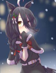 Rule 34 | 1girl, absurdres, ahoge, alternate hairstyle, animal ears, bell, belt, black capelet, black gloves, black hair, bow, bowtie, braid, braided ponytail, capelet, christmas, closed mouth, commentary, dress, ear piercing, fur-trimmed capelet, fur trim, gloves, hair between eyes, hair ornament, hair over shoulder, hair ribbon, highres, holly hair ornament, horse ears, horse girl, horse tail, long hair, looking at viewer, manhattan cafe (umamusume), neck bell, night, outdoors, piercing, red bow, red bowtie, red ribbon, ribbon, santa dress, santa gloves, single braid, smile, snowing, solo, tail, terumasa (amanoy), umamusume, white belt, yellow eyes