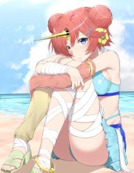 Rule 34 | 1girl, :t, ass, bad id, bad pixiv id, bandages, bare shoulders, beach, blue eyes, breasts, day, fate/grand order, fate (series), frankenstein&#039;s monster (fate), frankenstein&#039;s monster (swimsuit saber) (fate), frankenstein&#039;s monster (swimsuit saber) (second ascension) (fate), hair ornament, hairclip, heterochromia, highres, horns, hugging own legs, ocean, sand, sandals, sideboob, single horn, solo, suzuharu toufu, toes, yellow eyes