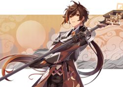 Rule 34 | 1boy, absurdres, black gloves, black pants, black suit, branch, brown hair, commentary, earrings, feet out of frame, formal, gem, genshin impact, gloves, gradient background, green background, hair over one eye, highres, holding, holding polearm, holding weapon, jewelry, long hair, looking at viewer, male focus, necktie, pants, parted lips, polearm, ponytail, retsuna, serious, single earring, solo, spear, standing, suit, tassel, tassel earrings, upper body, vision (genshin impact), vortex vanquisher (genshin impact), weapon, white background, white necktie, yellow eyes, zhongli (genshin impact)