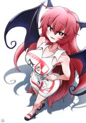 Rule 34 | 1girl, :d, absurdres, alternate costume, bare shoulders, bat wings, blush, breasts, bright pupils, budweiser, cleavage, collarbone, commentary request, commission, dress, eyelashes, from above, full body, hair between eyes, hand on own hip, head wings, highres, impossible clothes, impossible dress, koakuma, large breasts, long hair, looking at viewer, open mouth, red eyes, red hair, sandals, scavia10, shadow, simple background, skeb commission, sleeveless, sleeveless dress, smile, solo, touhou, very long hair, white background, white dress, white pupils, wings