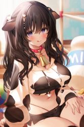 Rule 34 | 1girl, :q, animal ears, animal print, bell, black hair, black shorts, black thighhighs, blurry, bra, breasts, cleavage, closed mouth, collar, collarbone, cow ears, cow print, cowbell, crop top, crop top overhang, depth of field, drawstring, exposed pocket, hair ornament, hand on own thigh, highleg, large breasts, long hair, long sleeves, looking at viewer, micro shorts, midriff, navel, navy (navy.blue), original, panties, panty straps, puffy sleeves, purple eyes, shirt, short shorts, shorts, side-tie panties, side slit, sitting, smile, solo, spaghetti strap, stomach, string panties, thighhighs, thighs, tongue, tongue out, two side up, underboob, underwear, white bra, white shirt