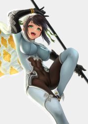 Rule 34 | 1girl, black gloves, black hair, blush, bodysuit, breasts, bun cover, cape, chinese clothes, covered navel, double bun, fate/grand order, fate (series), gloves, green eyes, hair bun, highres, large breasts, looking at viewer, open mouth, polearm, qin liangyu (fate), sidelocks, simple background, smile, solo, thighs, weapon, white background, white bodysuit, yamaneko (tkdrumsco)