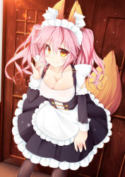 Rule 34 | 10s, 1girl, alternate costume, animal ear fluff, animal ears, apron, black legwear, breasts, cleavage, collarbone, enmaided, fang, fate/extra, fate/grand order, fate (series), fox ears, fox girl, fox shadow puppet, fox tail, frills, indoors, large breasts, looking at viewer, maid, maid apron, maid headdress, official alternate costume, pink hair, puffy sleeves, solo, tail, tamamo (fate), tamamo no mae (fate/extra), tamamo no mae (tailmaid strike) (fate), torii (kedamatori), twintails, waist apron, yellow eyes