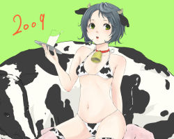 Rule 34 | 00s, 1girl, 2009, animal ears, animal print, bell, neck bell, bikini, breasts, chinese zodiac, collar, cow, cow ears, cow girl, cow print, cowbell, eguchi jaws, flat chest, green eyes, grey hair, horns, milk, new year, original, short hair, small breasts, solo, swimsuit, tail, thighhighs, tray, year of the ox