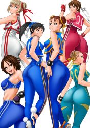 Rule 34 | 6+girls, ;), ahoge, alternate color, alternate costume, alternate hairstyle, antenna hair, ass, back, bandai namco, bare shoulders, black eyes, black hair, blonde hair, blue bodysuit, blue eyes, bodysuit, bracelet, breasts, brown eyes, brown hair, cammy white, capcom, chinese clothes, chun-li, chun-li (cosplay), cosplay, covered erect nipples, crop top, cropped jacket, cropped vest, crossover, double bun, double vertical stripe, emilie de rochefort, eye contact, fingerless gloves, flipped hair, from behind, gloves, grey hair, hair bun, hair ornament, hair ribbon, hair up, hand on own hip, hands on own hips, happy, headband, high ponytail, highres, huge ass, jewelry, kasugano sakura, kazama asuka, kneepits, large breasts, light smile, ling xiaoyu, long hair, looking at another, looking at viewer, looking back, midriff, multiple girls, namco, one eye closed, parted lips, pom pom (clothes), ponytail, profile, ribbon, shoes, short hair, side slit, sidelocks, simple background, skin tight, sleeveless, smile, sneakers, spandex, spiked bracelet, spikes, sports bra, standing, street fighter, street fighter x tekken, street fighter zero (series), studded bracelet, taut clothes, tekken, thumbs up, twintails, unitard, vest, white background, wink, zonda (solid air)