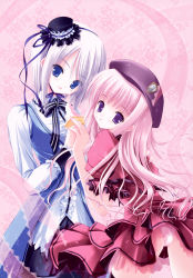 Rule 34 | 2girls, :p, absurdres, black legwear, black ribbon, blue dress, blue eyes, blue ribbon, bow, bowtie, dress, floral background, food, hand grab, hat, head tilt, highres, ice cream, ice cream cone, leaning forward, long hair, long sleeves, looking at viewer, looking back, mini hat, multiple girls, neck ribbon, panties, pantyshot, pink dress, pink hair, puffy short sleeves, puffy sleeves, purple eyes, ribbon, see-through, short hair, short sleeves, smile, standing, thighhighs, tinker bell (pixiv 10956015), tongue, tongue out, underwear, white hair, white panties, zettai ryouiki