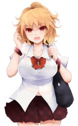 Rule 34 | 1girl, :d, arano oki, bag, blonde hair, blush, bra, breasts, female focus, highres, lace, lace-trimmed bra, lace trim, large breasts, looking at viewer, open mouth, original, red eyes, school bag, school uniform, see-through, short sleeves, simple background, skirt, smile, solo, tsurime, underwear, white background