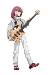 Rule 34 | 1girl, absurdres, bass guitar, black bow, black nails, blunt bangs, bocchi the rock!, bow, braid, closed eyes, full body, hair bow, hair over shoulder, highres, hiroi kikuri, holding, holding instrument, instrument, jacket, long hair, long sleeves, nail polish, neonfloyd, open mouth, pants, purple hair, red footwear, sharp teeth, shoes, simple background, single braid, smile, sneakers, solo, standing, teeth, white background, white jacket, white pants