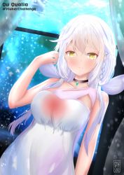 Rule 34 | 1girl, absurdres, bare arms, bare shoulders, black choker, check translation, choker, commentary request, curtains, dress, hair ornament, highres, jewelry, long hair, looking at viewer, qualia qu, rat cu~, re:act, ring, solo, thai text, translation request, virtual youtuber, white dress, window