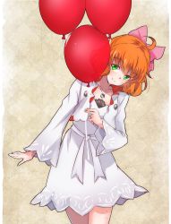Rule 34 | 1girl, balloon, bow, curly hair, dress, freckles, green eyes, hair bow, highres, iesupa, it (stephen king), long sleeves, name connection, orange hair, penny polendina, pennywise, rwby, solo, white dress