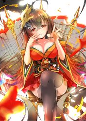 Rule 34 | 1girl, ahoge, azur lane, bare shoulders, black hair, black thighhighs, breasts, cleavage, collarbone, commentary request, crossed legs, dress, grin, hair between eyes, hand on own face, highres, kaoru-coro, looking at viewer, mask, mask on head, pleated skirt, red dress, red eyes, sidelocks, simple background, sitting, skirt, smile, solo, taihou (azur lane), thighhighs, white background, wide sleeves