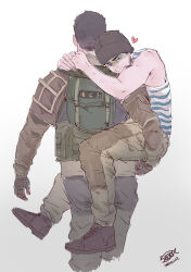 Rule 34 | 2boys, absurdres, arms around neck, bara, beanie, beard, blue tank top, carrying, carrying person, couple, cropped legs, facial hair, from behind, glaz (rainbow six siege), hat, head on another&#039;s shoulder, heart, highres, kapkan (rainbow six siege), looking at viewer, male focus, mature male, multiple boys, muscular, muscular male, official alternate costume, one armed carry, photo-referenced, rainbow six siege, saury dog, short hair, sideburns, smug, tank top, walking, yaoi
